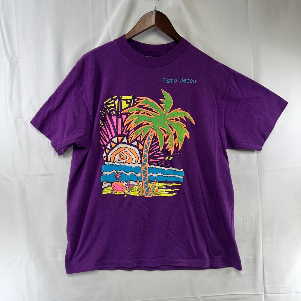 Pismo Beach Delta T-Shirt Mens L Purple Vintage Neon Graphic Single Stitch Tee